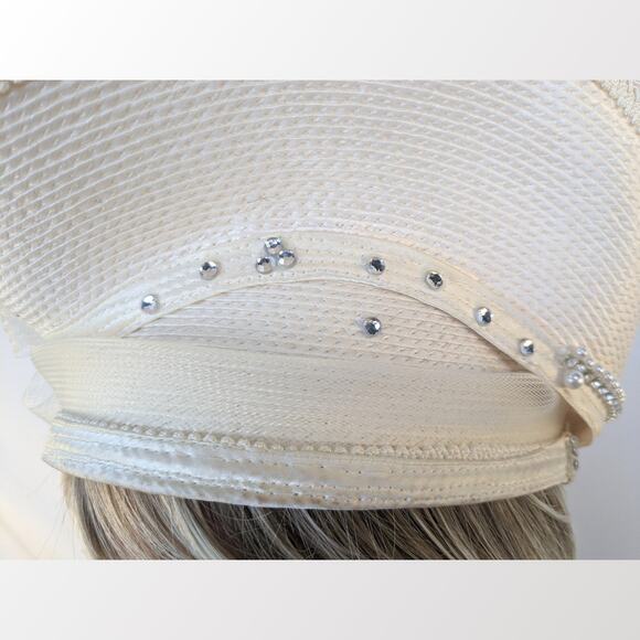 Vintage Ailuj Eugop Hat Ivory Upsweep Fascinator Woven Rhinestone Pearl Netting - Picture 10 of 12
